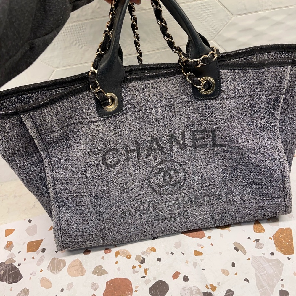 CHANEL Medium Deauville Tote in Gray Tweed